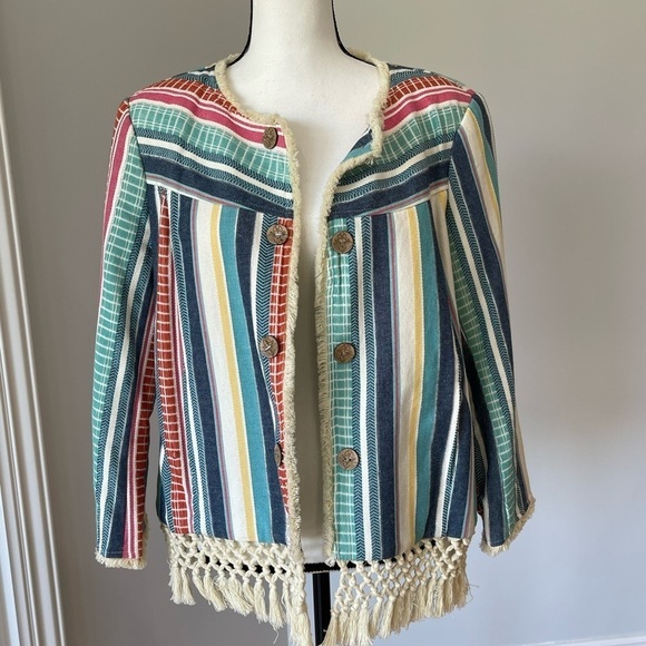 Multiples striped tassel fringe bohemian look open front jacket in a size large - Picture 15 of 16